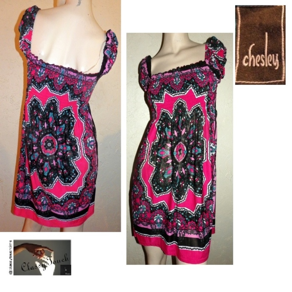 Chesley NWT Pink Black Print Dress Size L - Picture 1 of 7